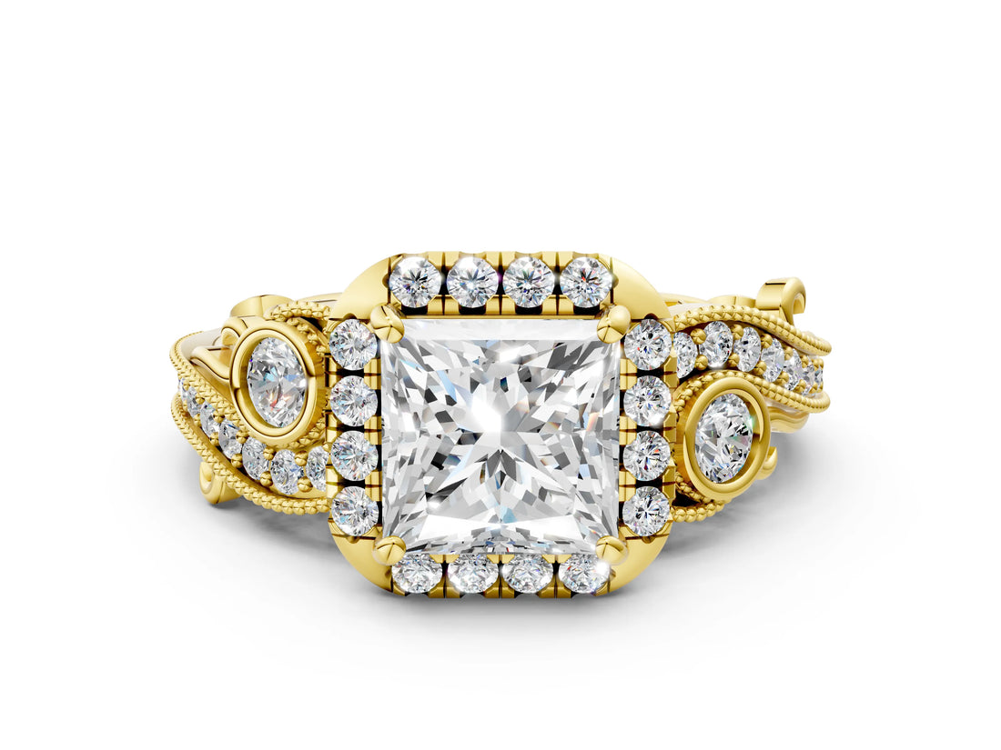 Yellow gold Princess Cut Halo Diamond Ring with Milgrain and Bezel Accents on a Split Shank Band_15