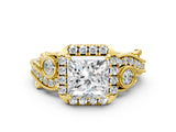 Yellow gold Princess Cut Halo Diamond Ring with Milgrain and Bezel Accents on a Split Shank Band_15