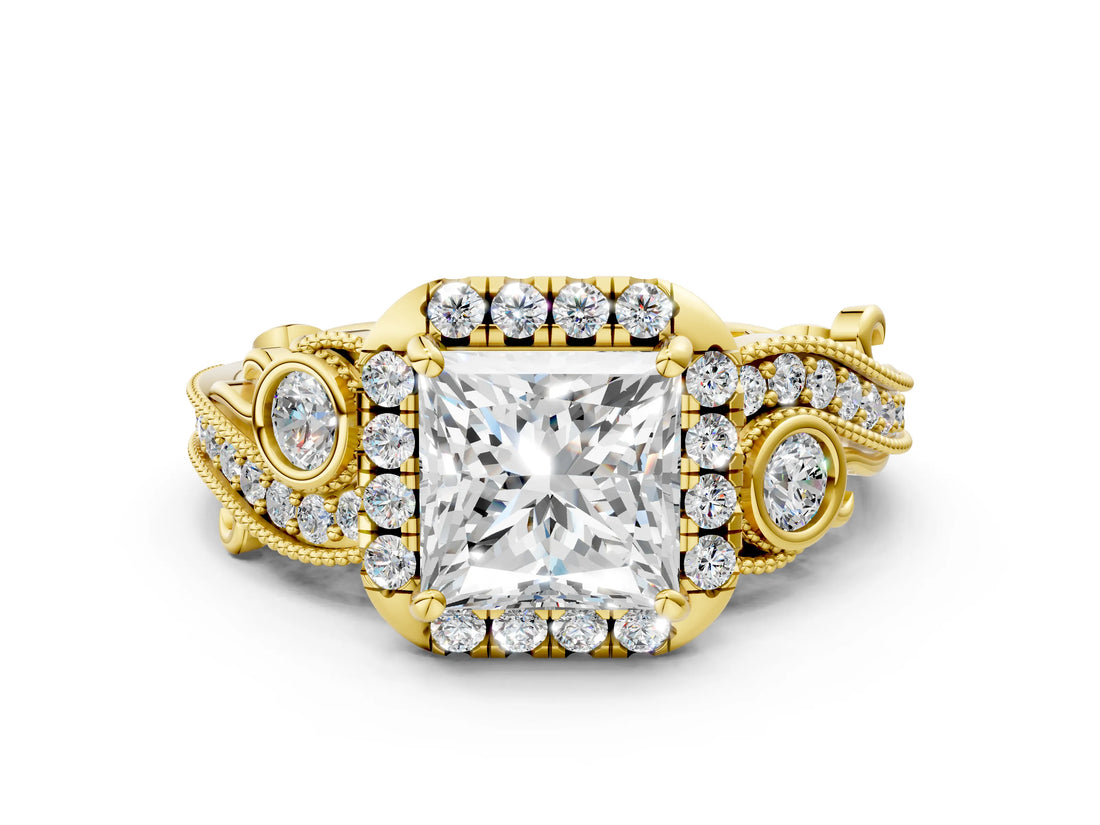 Yellow gold Princess Cut Halo Diamond Ring with Milgrain and Bezel Accents on a Split Shank Band_27