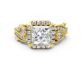 Yellow gold Princess Cut Halo Diamond Ring with Milgrain and Bezel Accents on a Split Shank Band_27