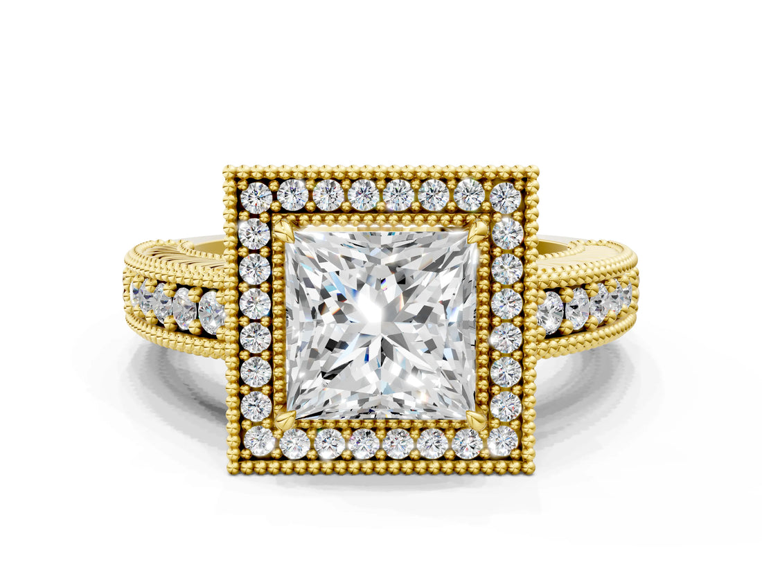 Yellow gold Princess Cut Halo Diamond Ring with Pavé Band and Four-Prong Setting_64