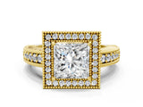 Yellow gold Princess Cut Halo Diamond Ring with Pavé Band and Four-Prong Setting_64