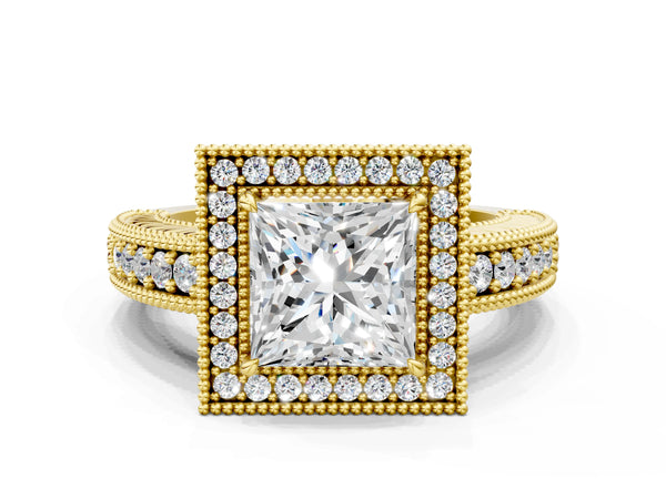 Yellow gold Princess Cut Halo Diamond Ring with Pavé Band and Four-Prong Setting