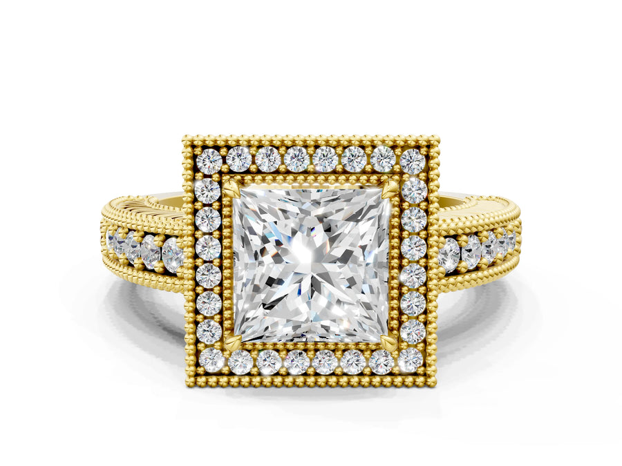 Yellow gold Princess Cut Halo Diamond Ring with Pavé Band and Four-Prong Setting