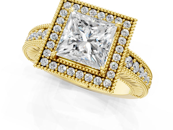Yellow gold Princess Cut Halo Diamond Ring with Pavé Band and Four-Prong Setting