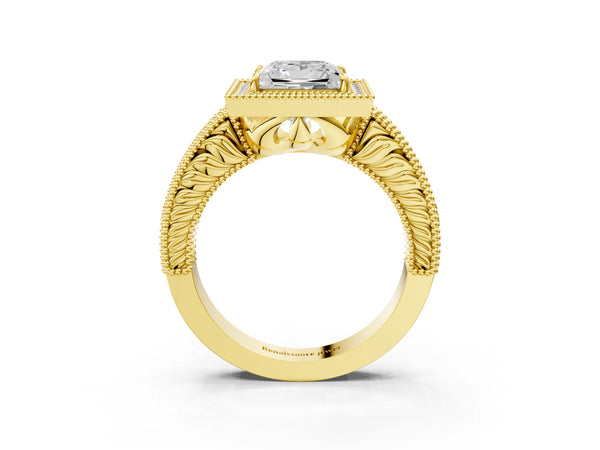 Yellow gold Princess Cut Halo Diamond Ring with Pavé Band and Four-Prong Setting