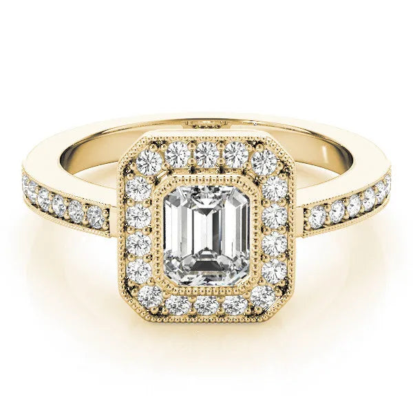Yellow gold Princess-Cut Halo Diamond Ring with Pavé Band and Milgrain Prong Setting