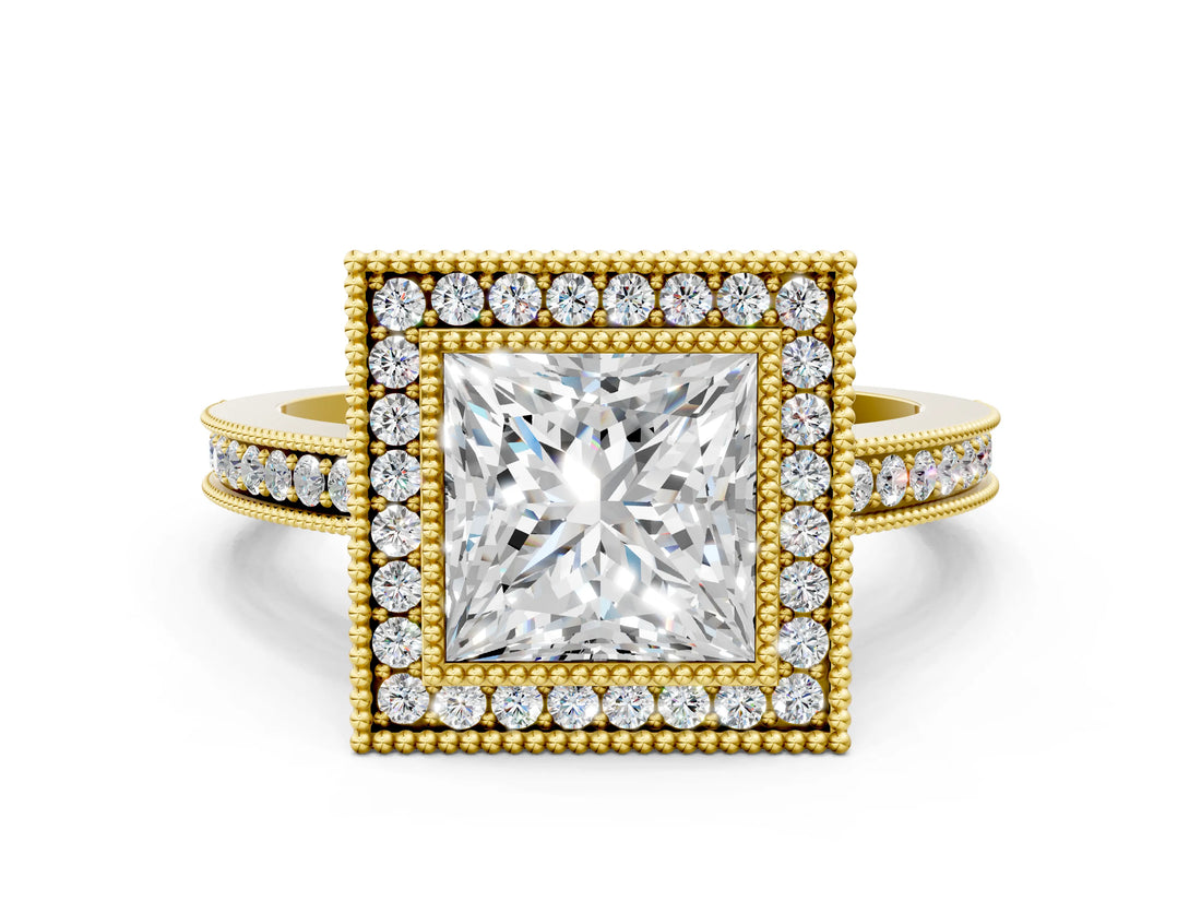 Yellow gold Princess Cut Halo Diamond Ring with Pavé Band and Milgrain Prong Setting_31