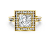 Yellow gold Princess Cut Halo Diamond Ring with Pavé Band and Milgrain Prong Setting_31
