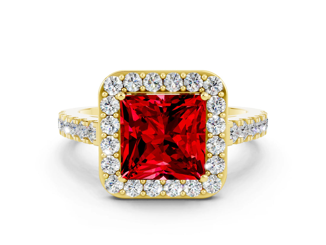Yellow gold Princess Cut Halo Diamond Ring with Pavé Band and Three-Prong Setting