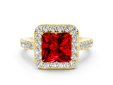 Yellow gold Princess Cut Halo Diamond Ring with Pavé Band and Three-Prong Setting