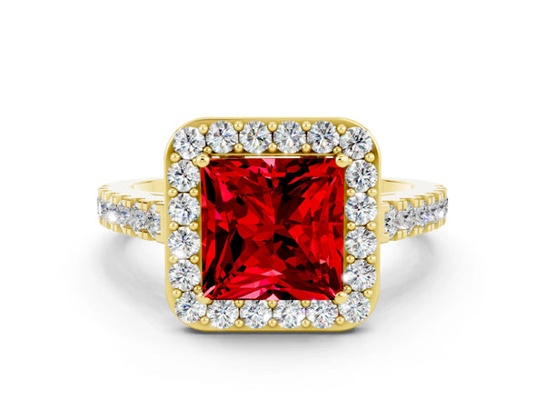 Yellow gold Princess Cut Ruby Halo Ring with Round Pavé Split Shank and Prong Setting