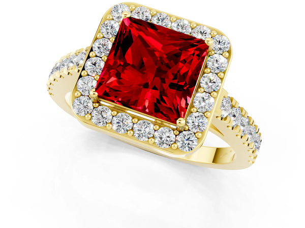 Yellow gold Princess Cut Ruby Halo Ring with Round Pavé Split Shank and Prong Setting