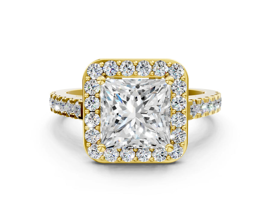 Yellow gold Princess Cut Halo Diamond Ring with Pavé Band and Three-Prong Setting