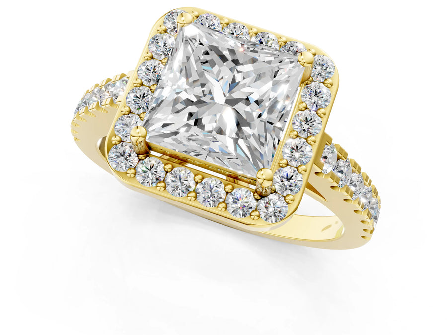 Yellow gold Princess Cut Halo Diamond Ring with Pavé Band and Three-Prong Setting