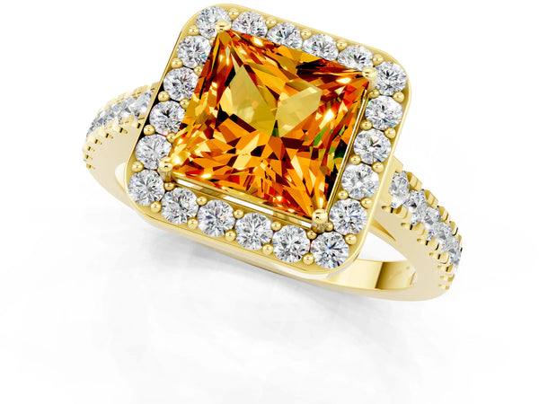 Yellow gold Princess Cut Citrine Halo Ring with Round Pavé Split Shank and Prong Setting