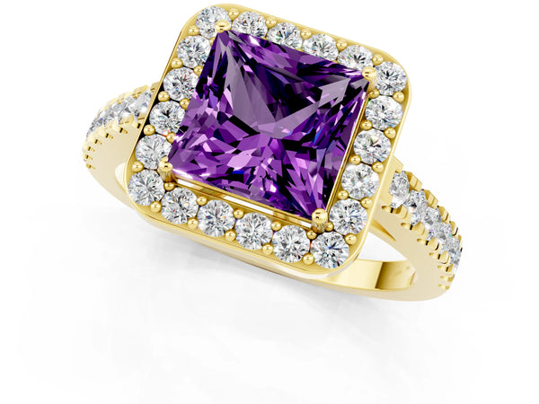 Yellow gold Princess Cut Amethyst Halo Ring with Round Pavé Split Shank and Prong Setting