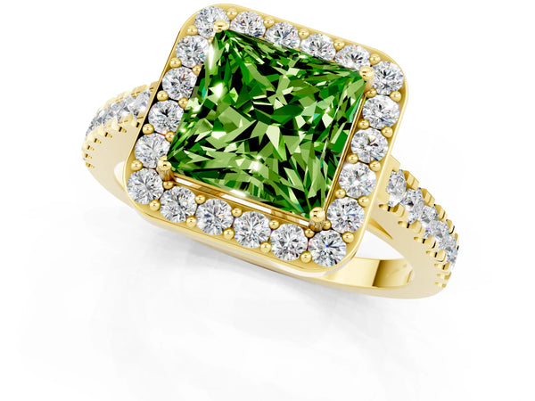 Yellow gold Princess Cut Halo Diamond Ring with Pavé Band and Three-Prong Setting