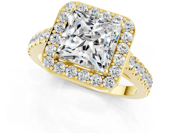 Yellow gold Princess Cut Moissanite Halo Ring with Round Pavé Split Shank and Prong Setting