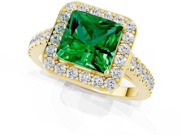 Yellow gold Princess Cut Emerald Halo Ring with Round Pavé Split Shank and Prong Setting