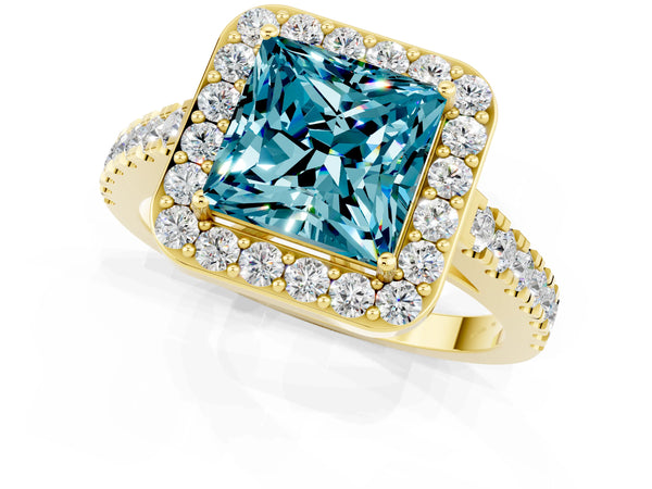 Yellow gold Princess Cut Halo Diamond Ring with Pavé Band and Three-Prong Setting