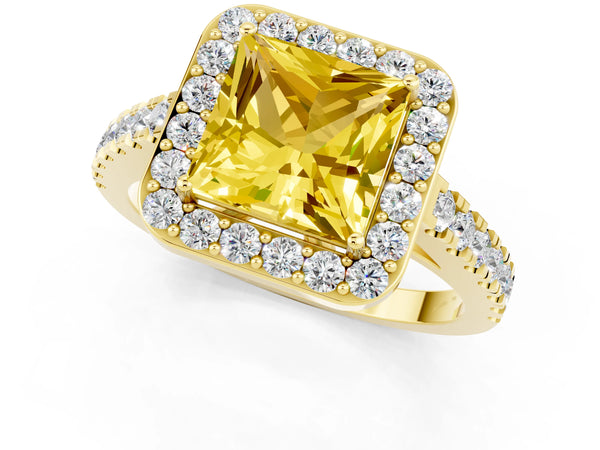 Yellow gold Princess Cut Yellow Sapphire Halo Ring with Round Pavé Split Shank and Prong Setting