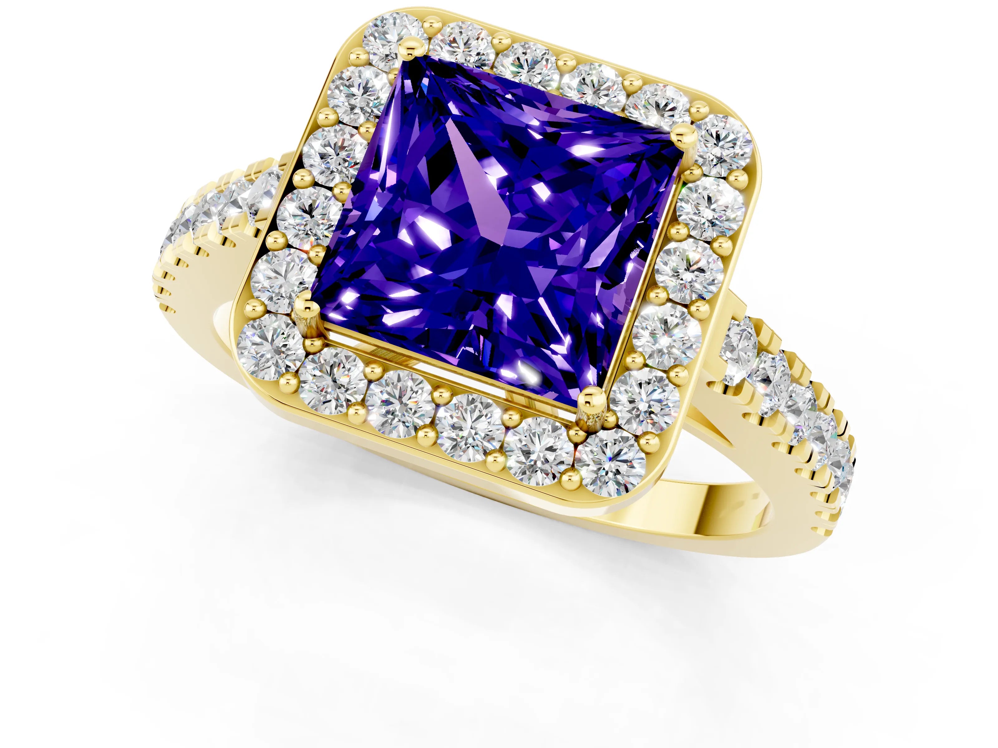 Yellow gold Princess Cut Halo Diamond Ring with Pavé Band and Three-Prong Setting_1