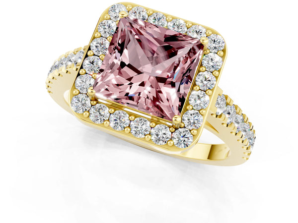 Yellow gold Princess Cut Halo Diamond Ring with Pavé Band and Three-Prong Setting