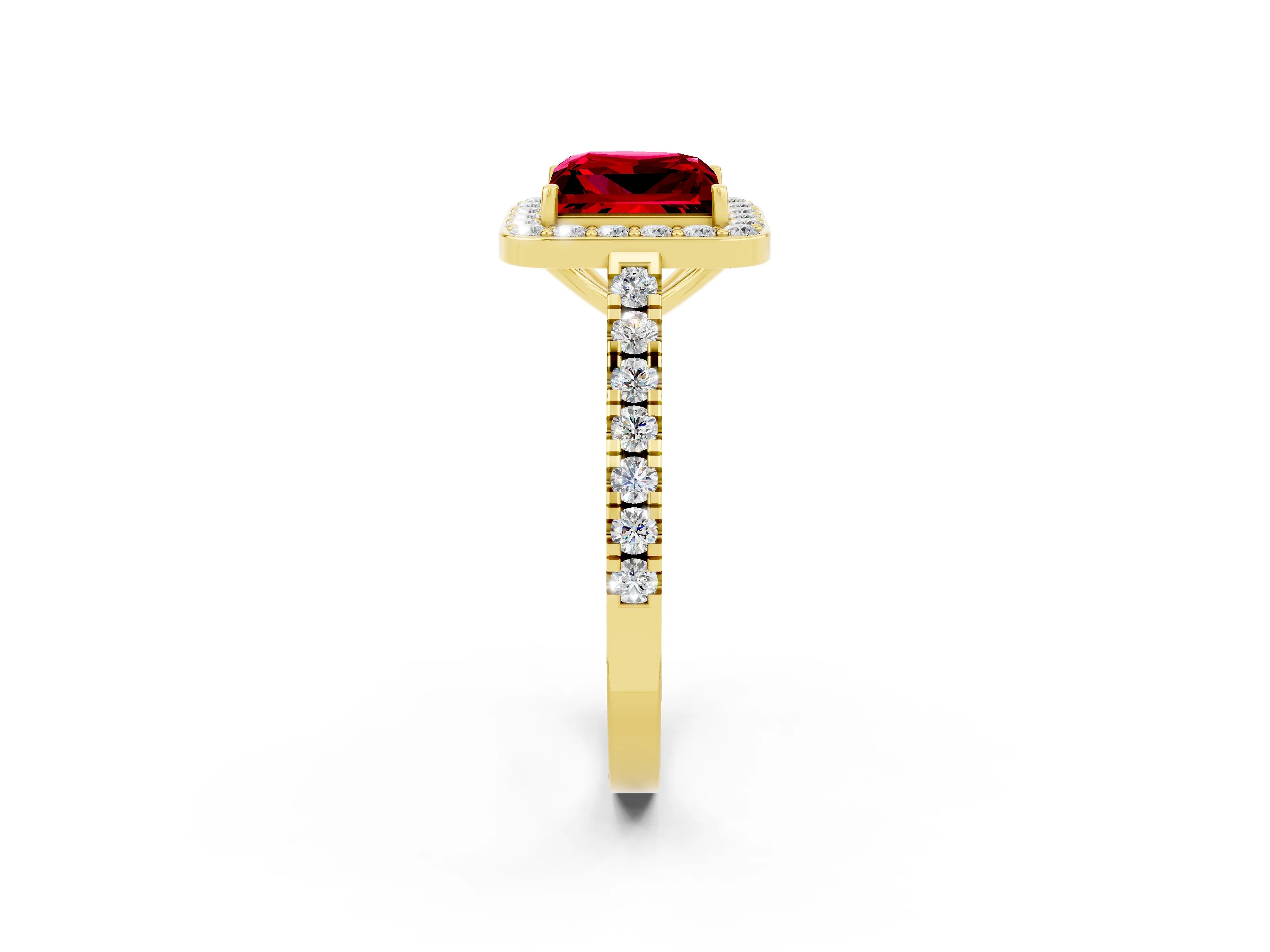 Yellow gold Princess Cut Halo Diamond Ring with Pavé Band and Three-Prong Setting_2
