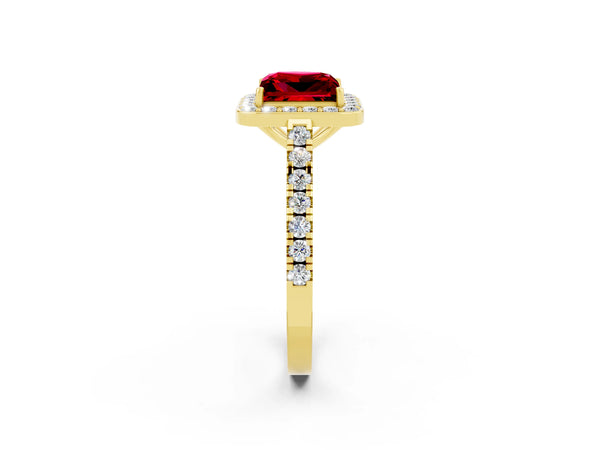 Yellow gold Princess Cut Ruby Halo Ring with Round Pavé Split Shank and Prong Setting