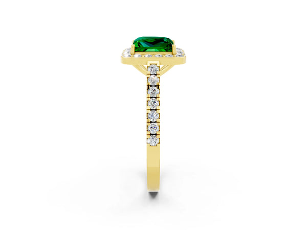Yellow gold Princess Cut Emerald Halo Ring with Round Pavé Split Shank and Prong Setting
