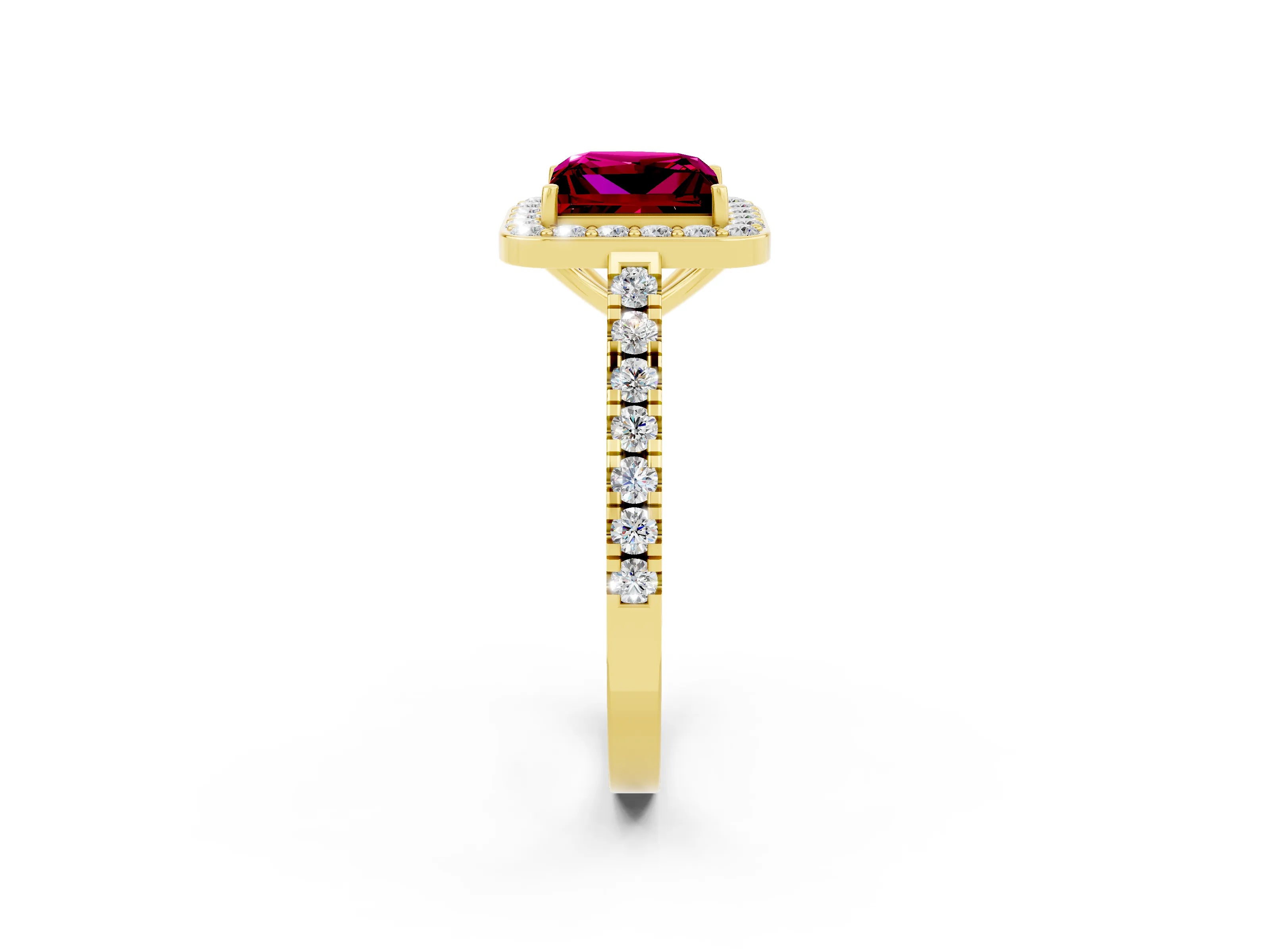 Yellow gold Princess Cut Halo Diamond Ring with Pavé Band and Three-Prong Setting_2