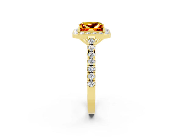 Yellow gold Princess Cut Citrine Halo Ring with Round Pavé Split Shank and Prong Setting