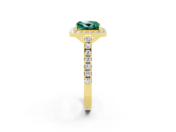 Yellow gold Princess Cut Green Sapphire Halo Ring with Round Pavé Split Shank and Prong Setting