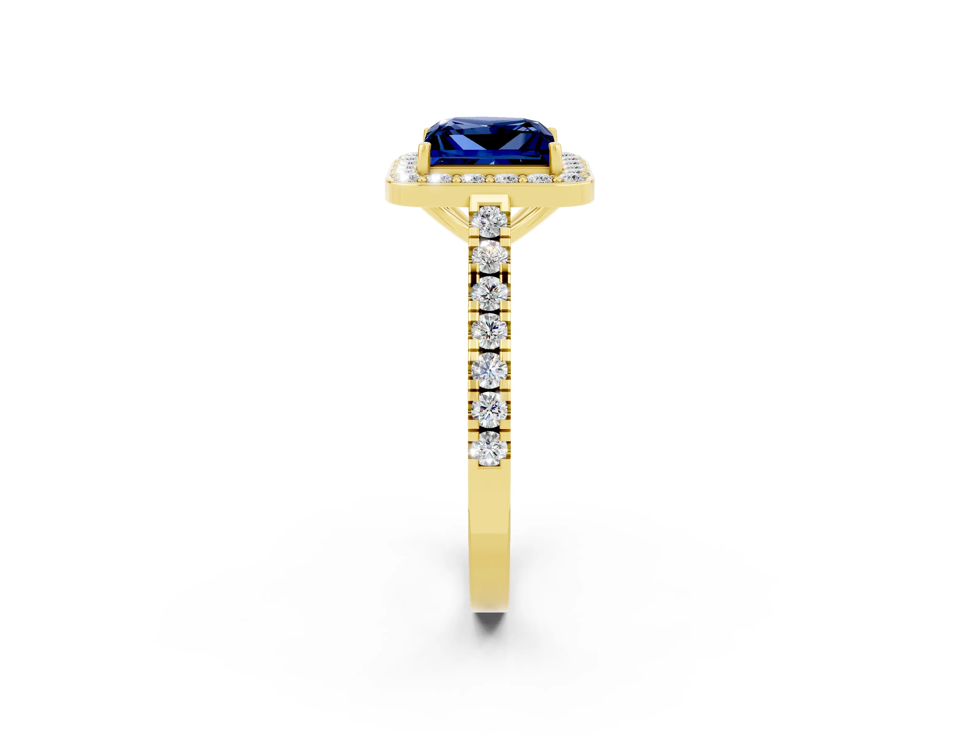 Yellow gold Princess Cut Halo Diamond Ring with Pavé Band and Three-Prong Setting_2
