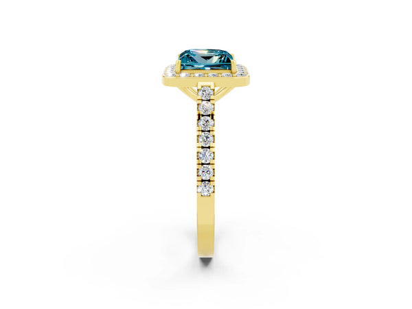 Yellow gold Princess Cut Halo Diamond Ring with Pavé Band and Three-Prong Setting