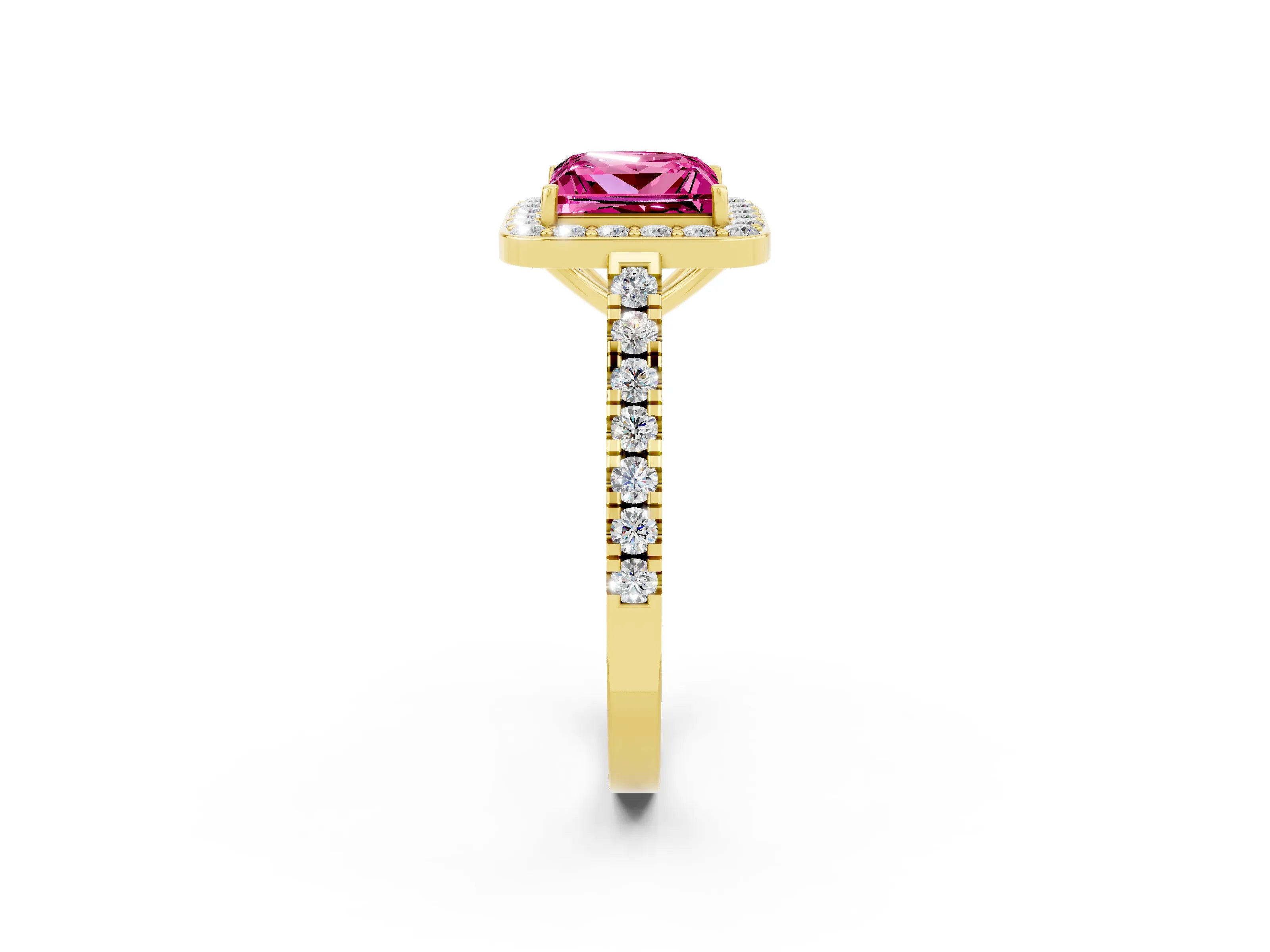 Yellow gold Princess Cut Halo Diamond Ring with Pavé Band and Three-Prong Setting_2
