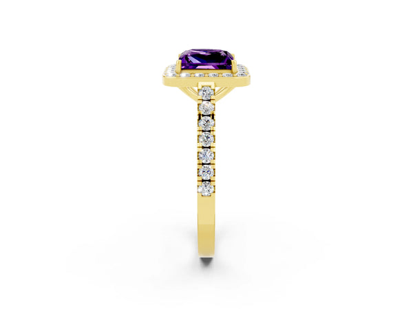 Yellow gold Princess Cut Amethyst Halo Ring with Round Pavé Split Shank and Prong Setting
