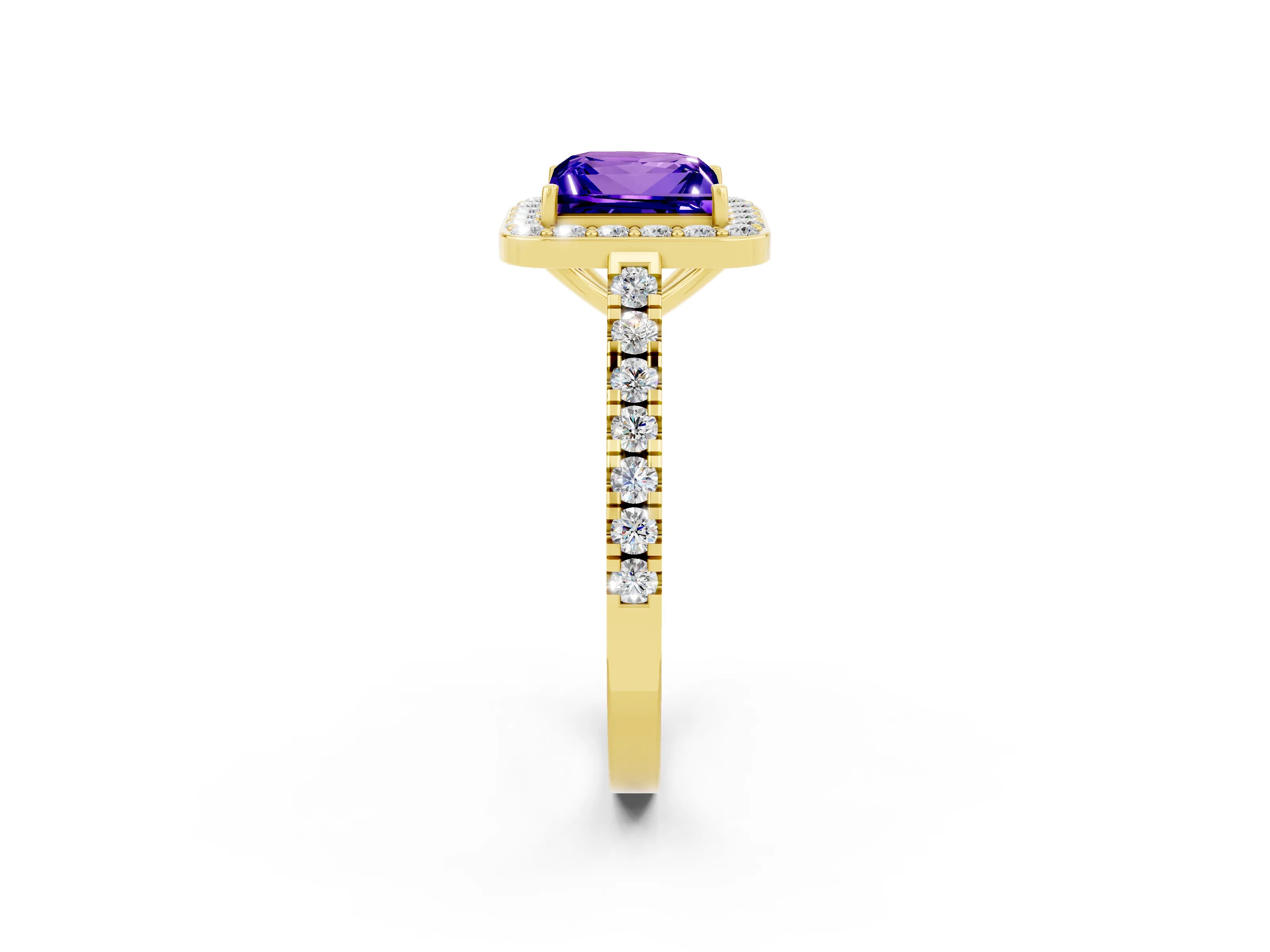 Yellow gold Princess Cut Halo Diamond Ring with Pavé Band and Three-Prong Setting_2