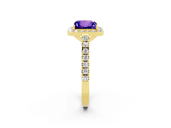 Yellow gold Princess Cut Tanzanite Halo Ring with Round Pavé Split Shank and Prong Setting