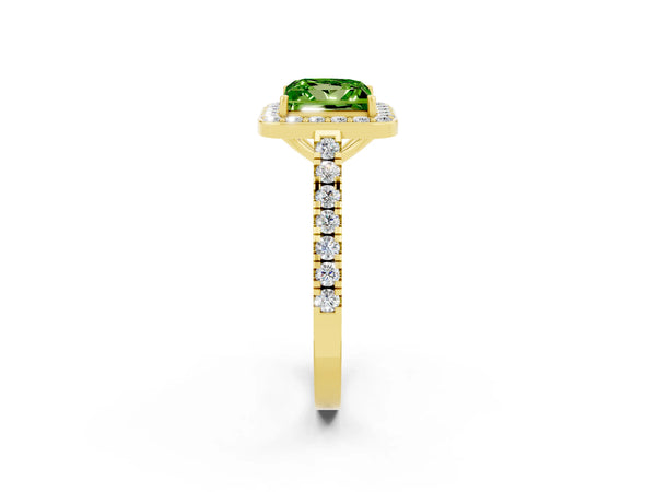 Yellow gold Princess Cut Halo Diamond Ring with Pavé Band and Three-Prong Setting