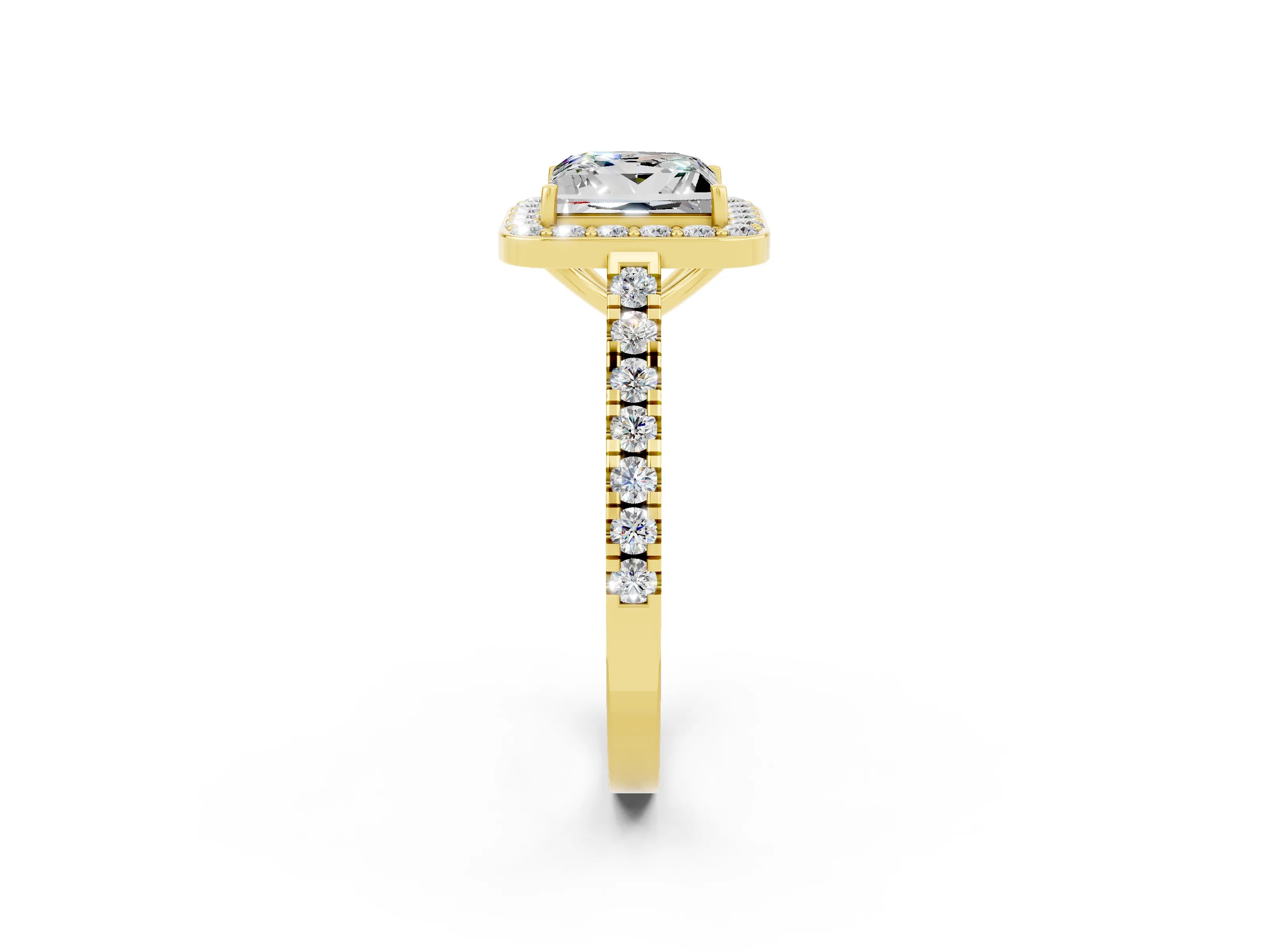 Yellow gold Princess Cut Halo Diamond Ring with Pavé Band and Three-Prong Setting_2