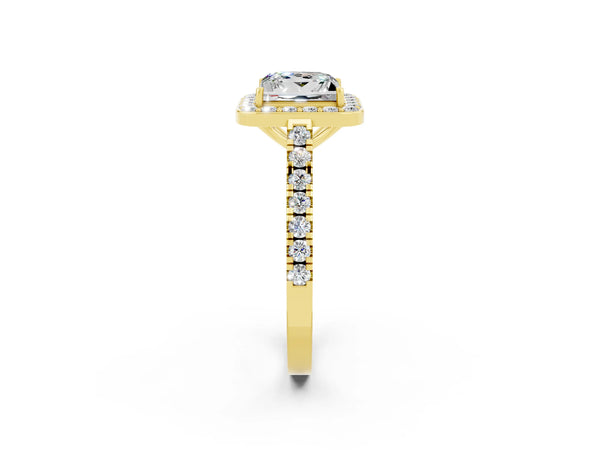 Yellow gold Princess Cut Moissanite Halo Ring with Round Pavé Split Shank and Prong Setting
