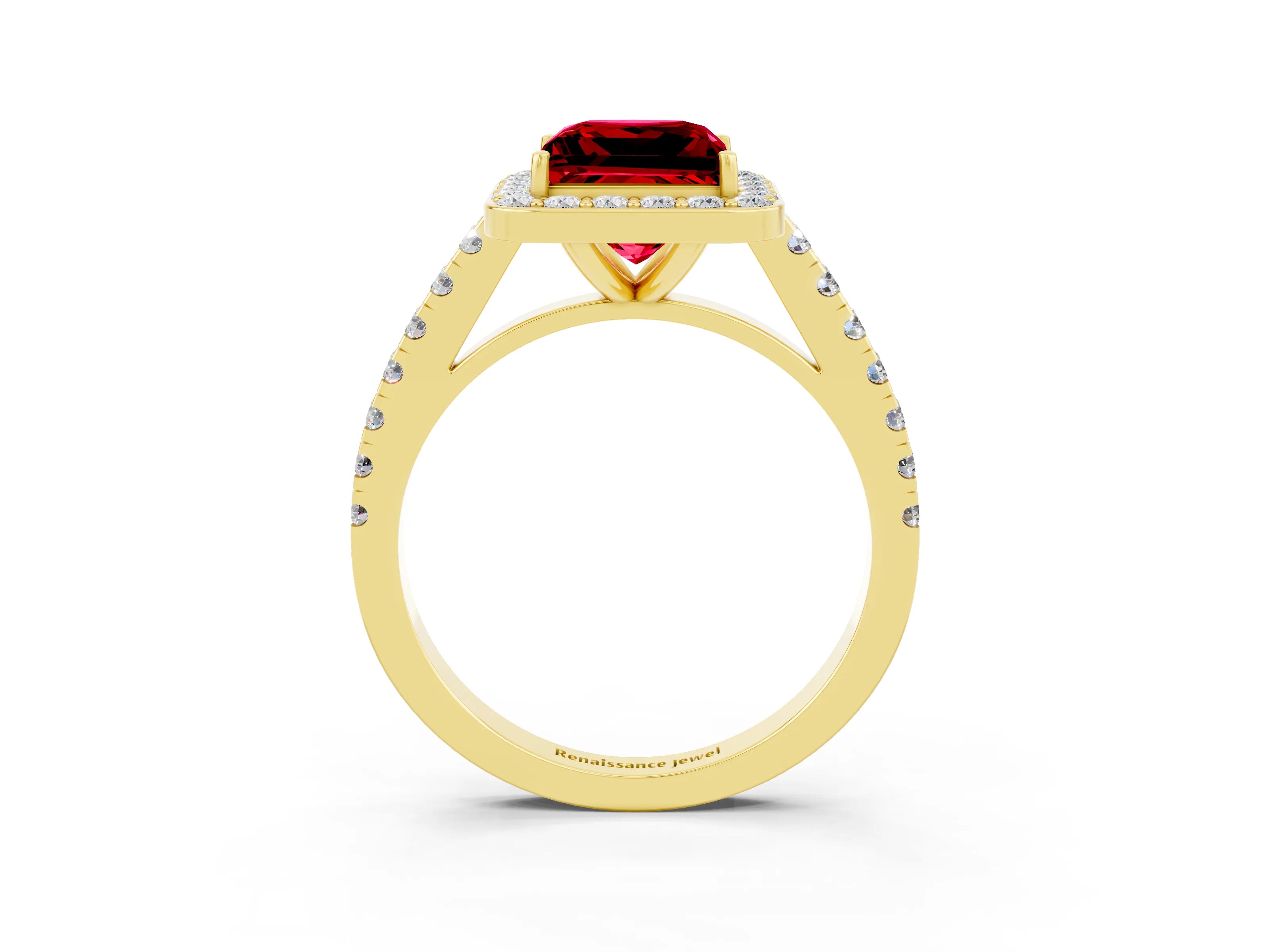 Yellow gold Princess Cut Halo Diamond Ring with Pavé Band and Three-Prong Setting_3