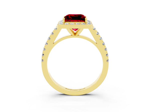 Yellow gold Princess Cut Ruby Halo Ring with Round Pavé Split Shank and Prong Setting
