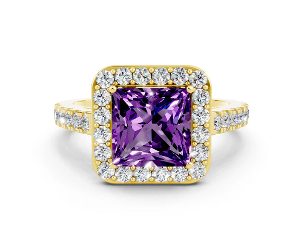 Yellow gold Princess Cut Amethyst Halo Ring with Round Pavé Split Shank and Prong Setting