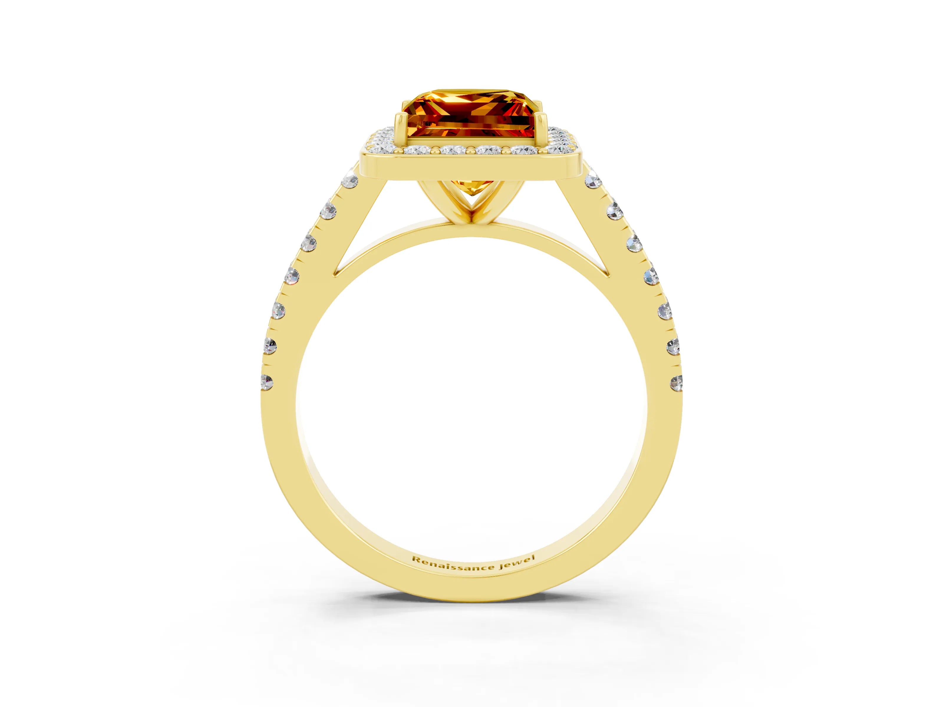 Yellow gold Princess Cut Halo Diamond Ring with Pavé Band and Three-Prong Setting_3