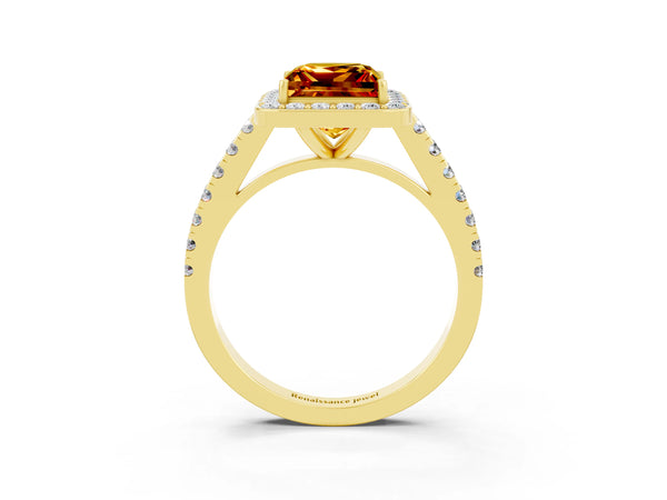 Yellow gold Princess Cut Citrine Halo Ring with Round Pavé Split Shank and Prong Setting