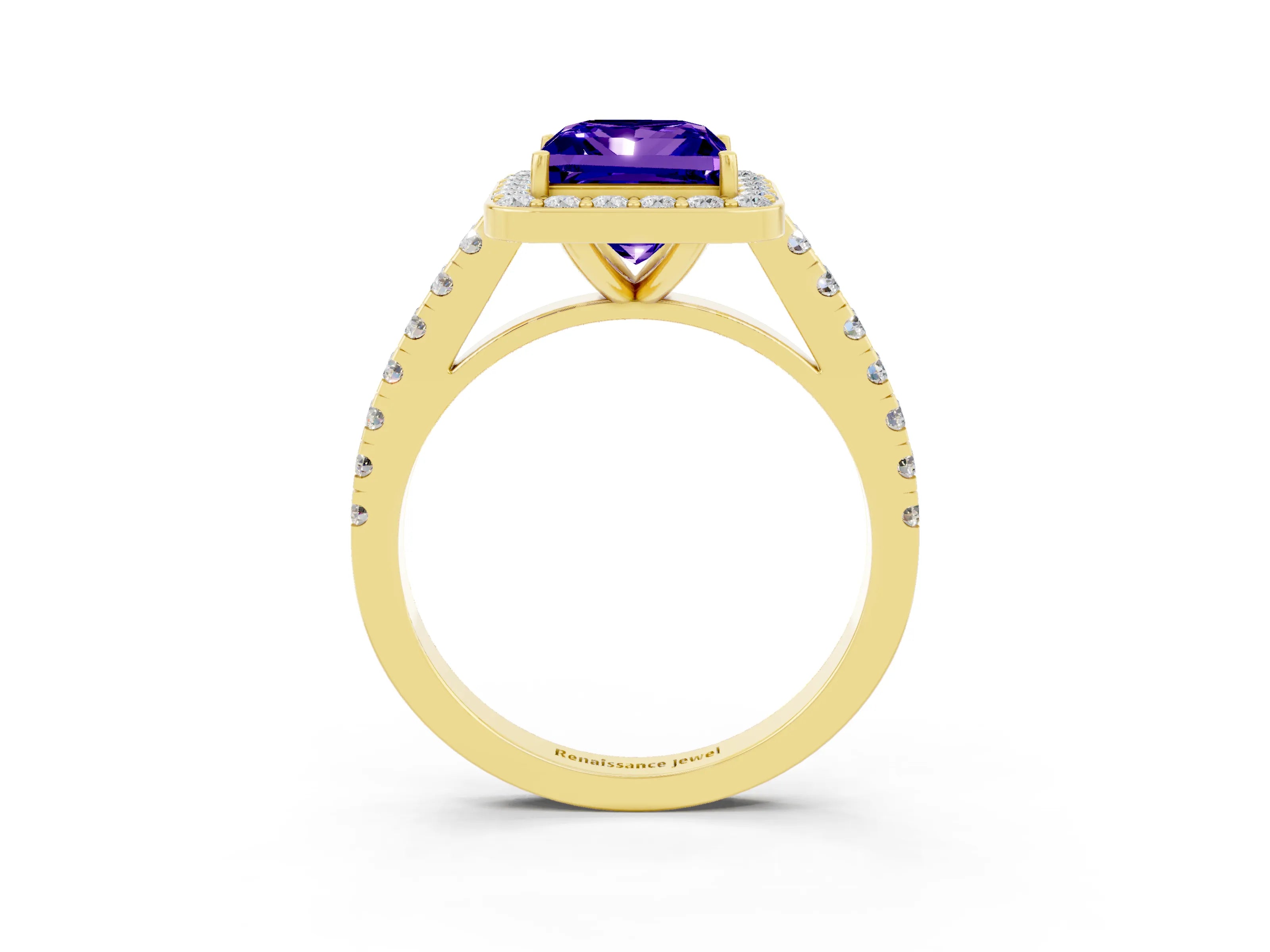Yellow gold Princess Cut Halo Diamond Ring with Pavé Band and Three-Prong Setting_3