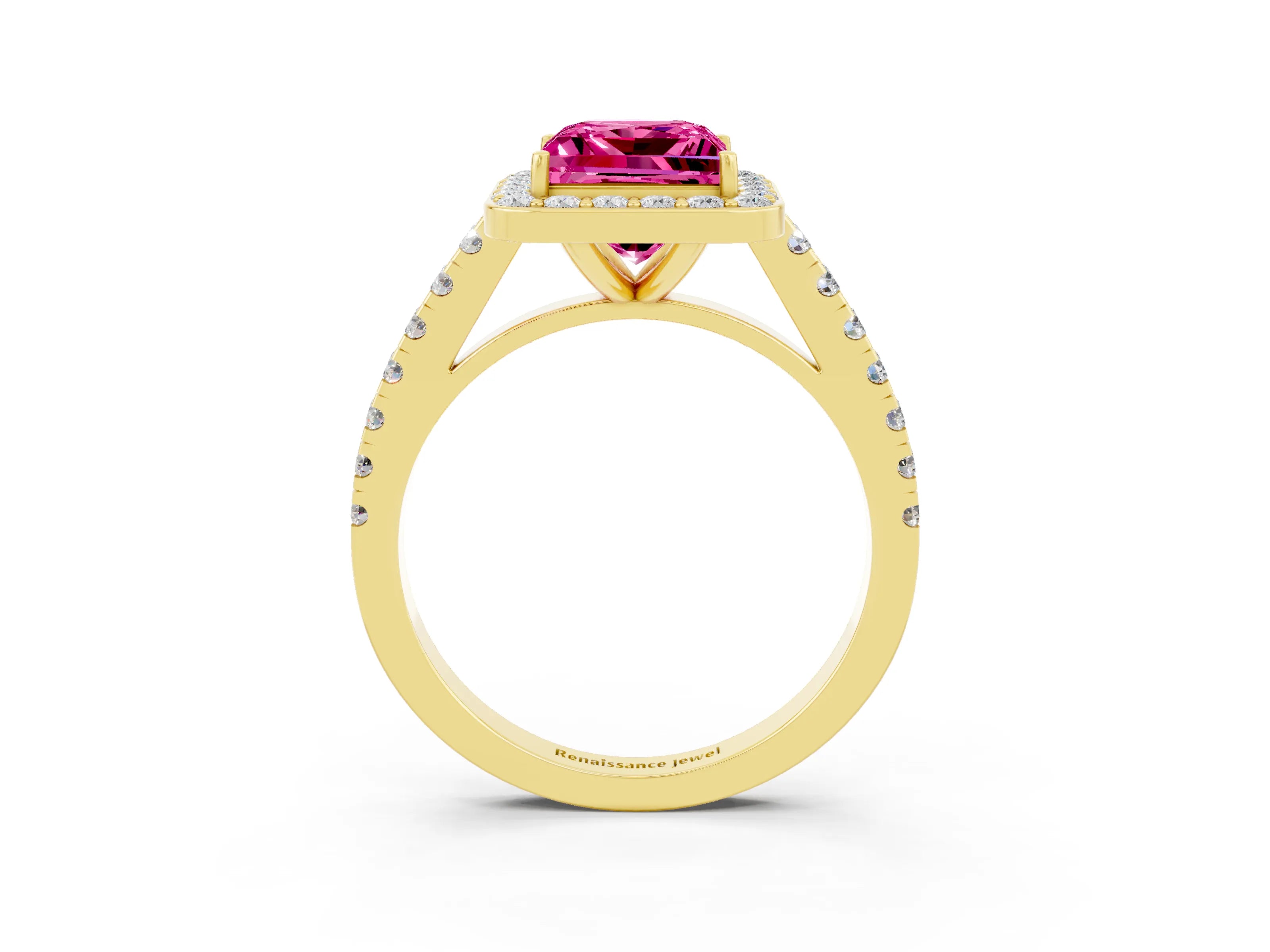 Yellow gold Princess Cut Halo Diamond Ring with Pavé Band and Three-Prong Setting_3